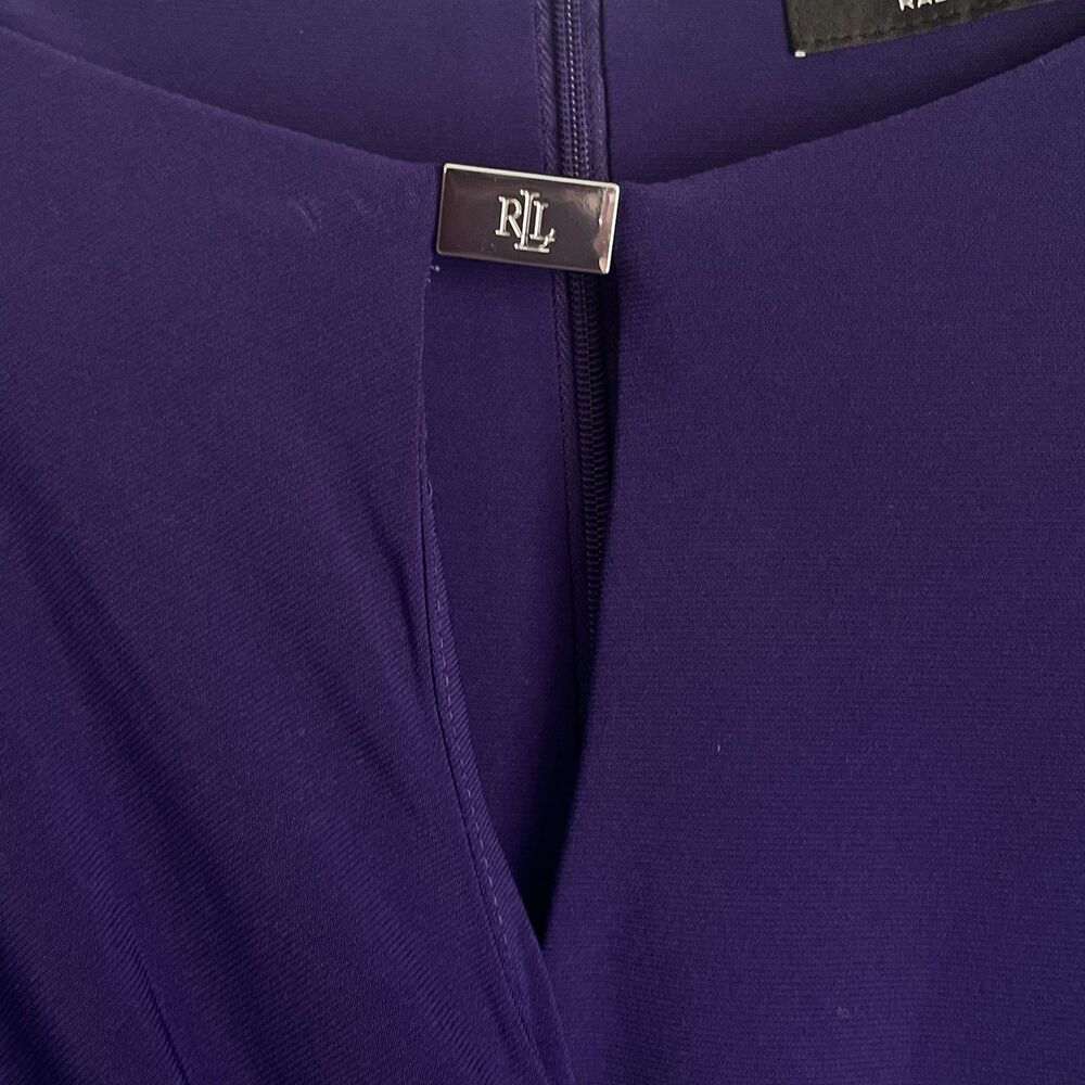 Lauren Ralph Lauren Faux Wrap Dress Size 12 LRL Monogram Metal Hrdware Ruched